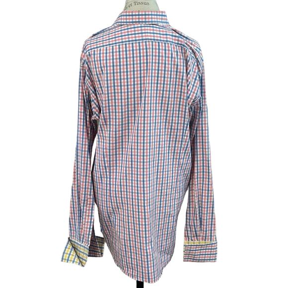 Duncan Quinn $600 striped check pink blue French cuff button down shirt sz 17.5 - Picture 2 of 9